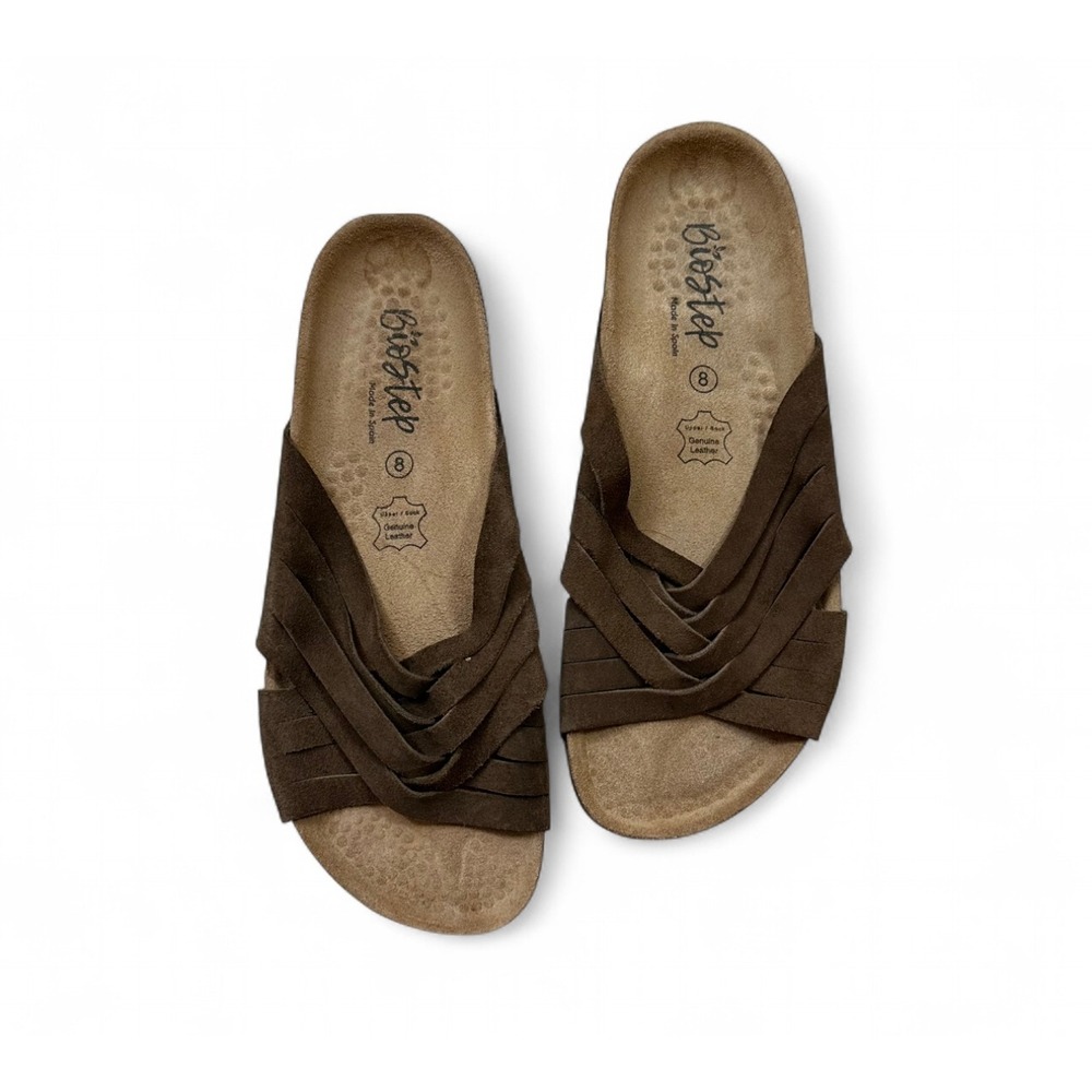 Biostep Brown Suede Leather Braided Slip On Sandal Made‎ in Spain Cork Women's 8